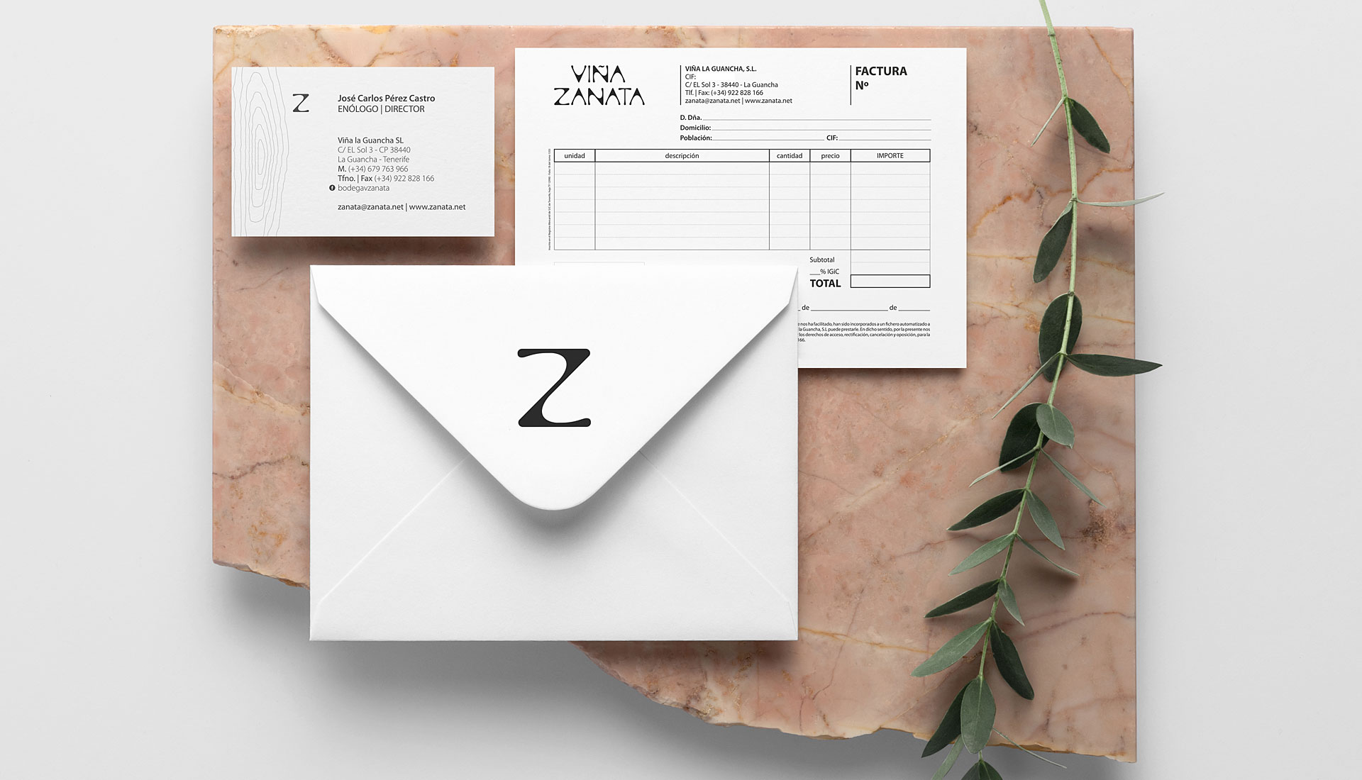 Papelería sobres, tarjeta, factura Viña Zanata